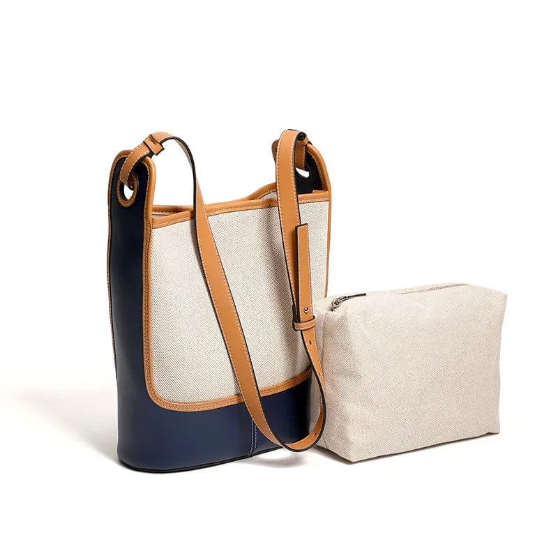 ARUBBIT Brand Luxury 2Pcs Set Of Bags Canvas Stitching Genuine Leather Women Ladies Bucket Bag Set
