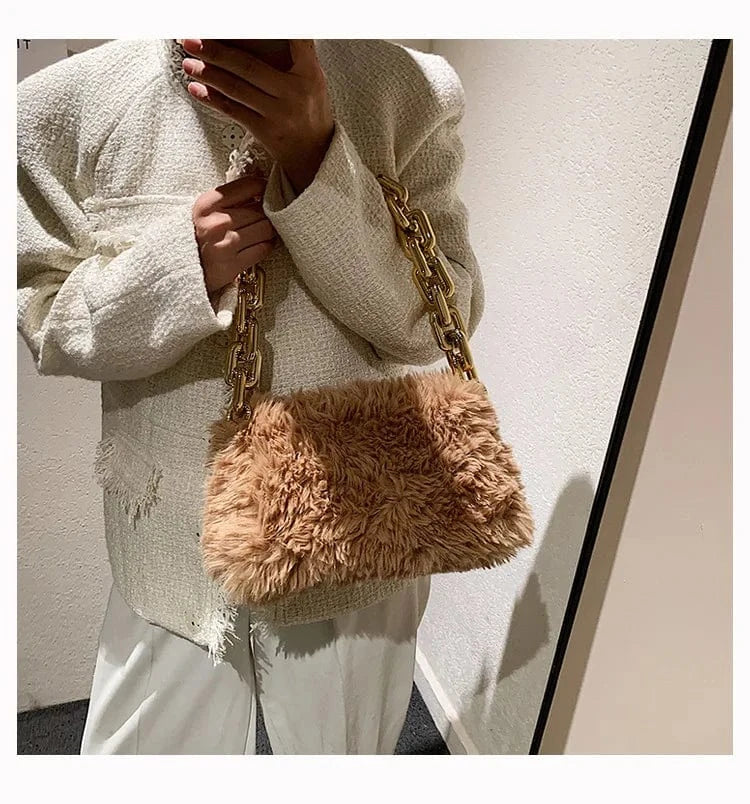 ARUBBIT Brand Thick Golden Chain Designer Black Women Shoulder Fur Bag
