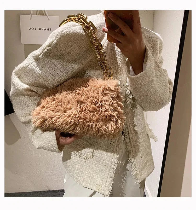 ARUBBIT Brand Thick Golden Chain Designer Black Women Shoulder Fur Bag