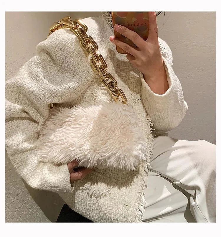 ARUBBIT Brand Thick Golden Chain Designer Black Women Shoulder Fur Bag