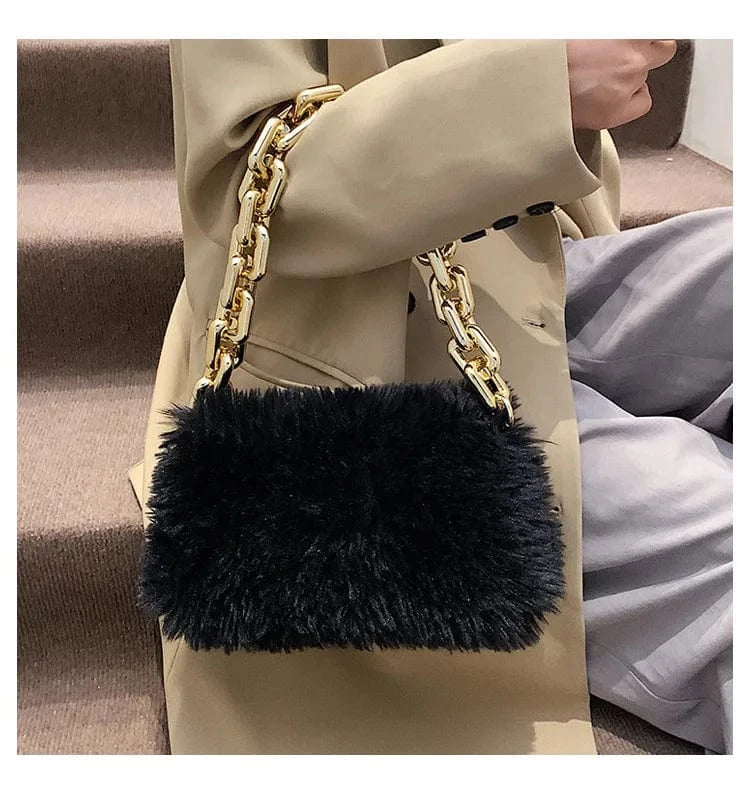 ARUBBIT Brand Thick Golden Chain Designer Black Women Shoulder Fur Bag