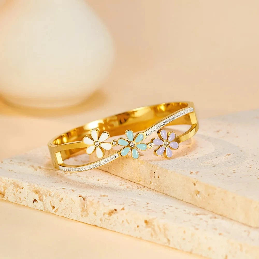 as pic / J1 Enamel Daisy & Zircon Stainless Steel Bracelet Unisex Gold Plated Charm Bracelets Jewelry Set for Weddings Parties and Gifts