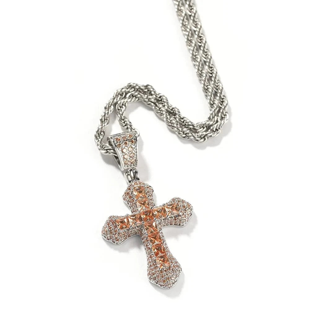 as picture / 18inches / Orange Silver Zircon Fashion Cross Necklace Red Blue Stones Man Women Hip Hop Jewelry Ins Personality Diamond Pendant