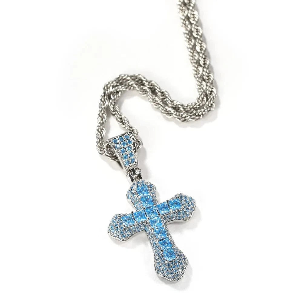 as picture / 20inches / Blue Silver Zircon Fashion Cross Necklace Red Blue Stones Man Women Hip Hop Jewelry Ins Personality Diamond Pendant