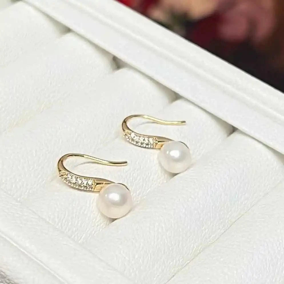 As picture Classic internet celebrity zircon inlaid high heels earrings 7-8MM natural high-quality freshwater pearl earrings