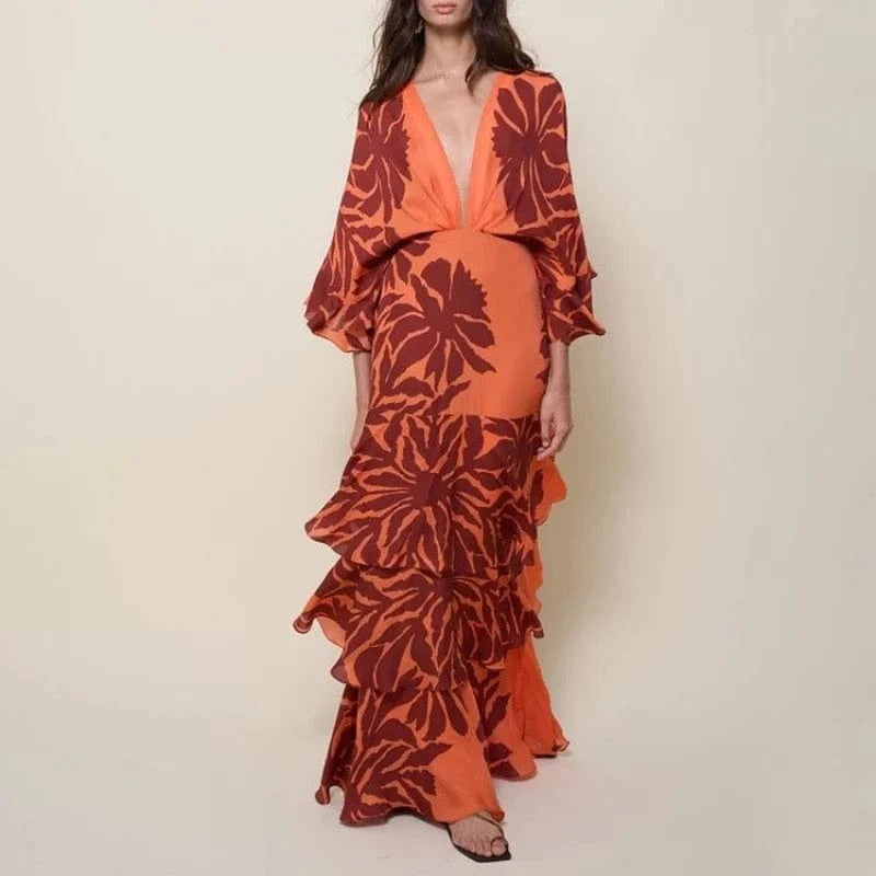 as picture / S FLAXMAKER Maxi Long Dress Women Sexy Sleeveless Ruffle Dolman Sleeve Printed Dresses Bandeau Blossom Print Sundress 2025