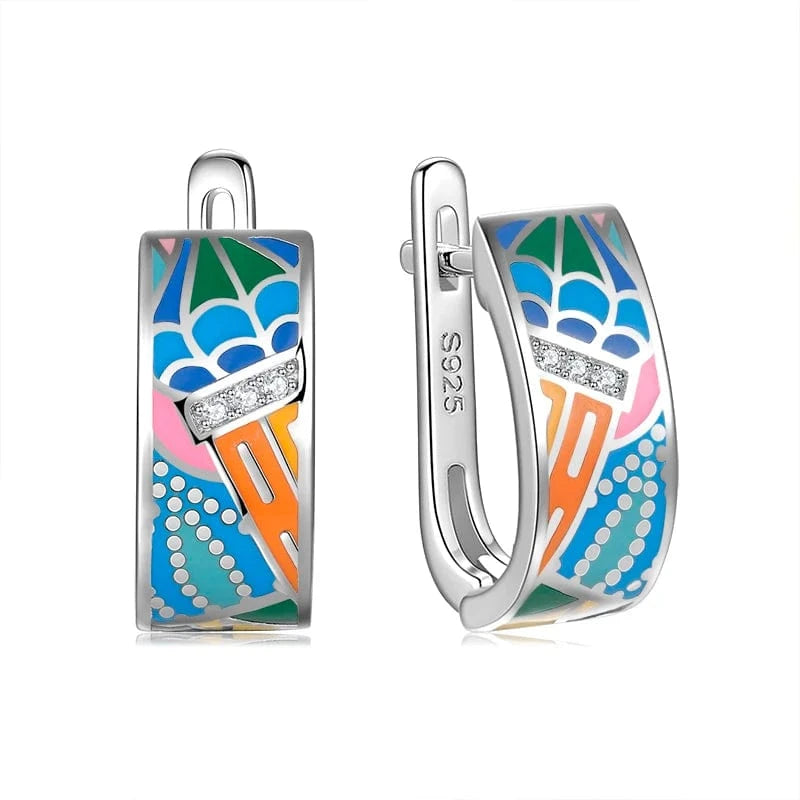 AS00002E Fashion Elegant 925 Silver CZ Earrings for Women Handmade Enamel Blue river blooming Flower Pattern Party Earrings Jewelry Gift