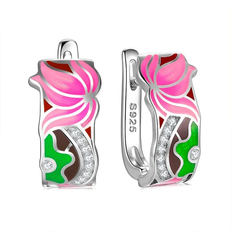 AS00082E Fashion Elegant 925 Silver CZ Earrings for Women Handmade Enamel Blue river blooming Flower Pattern Party Earrings Jewelry Gift