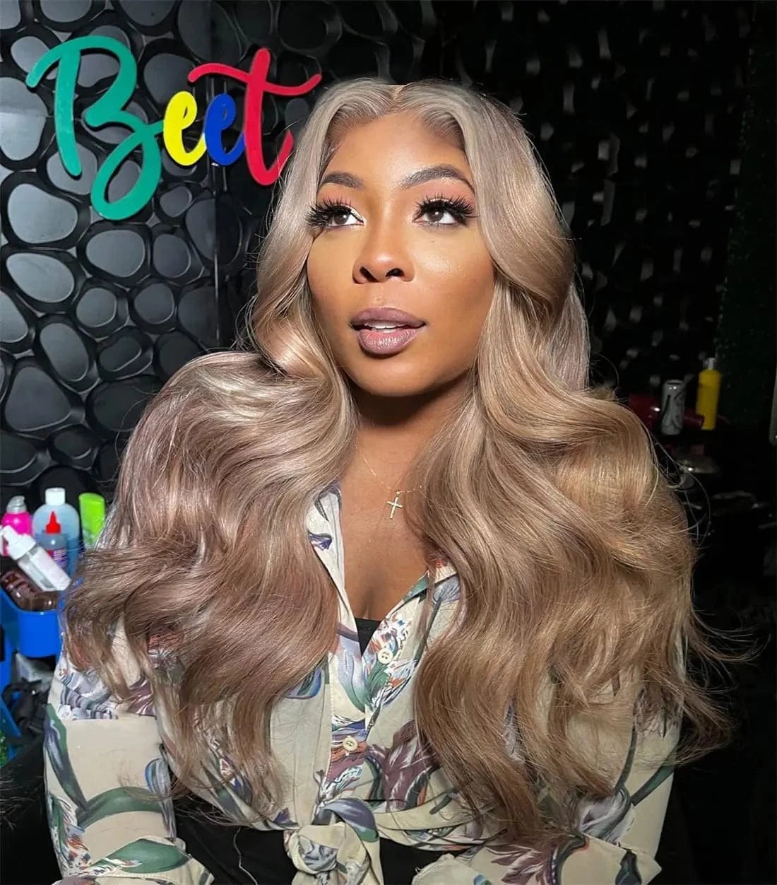 Ash Blonde with Silver Gray Highlight 180% Body Wave Mini Knots HD Invisible Milk Tea Brown Colored with Silver Blonde Wigs