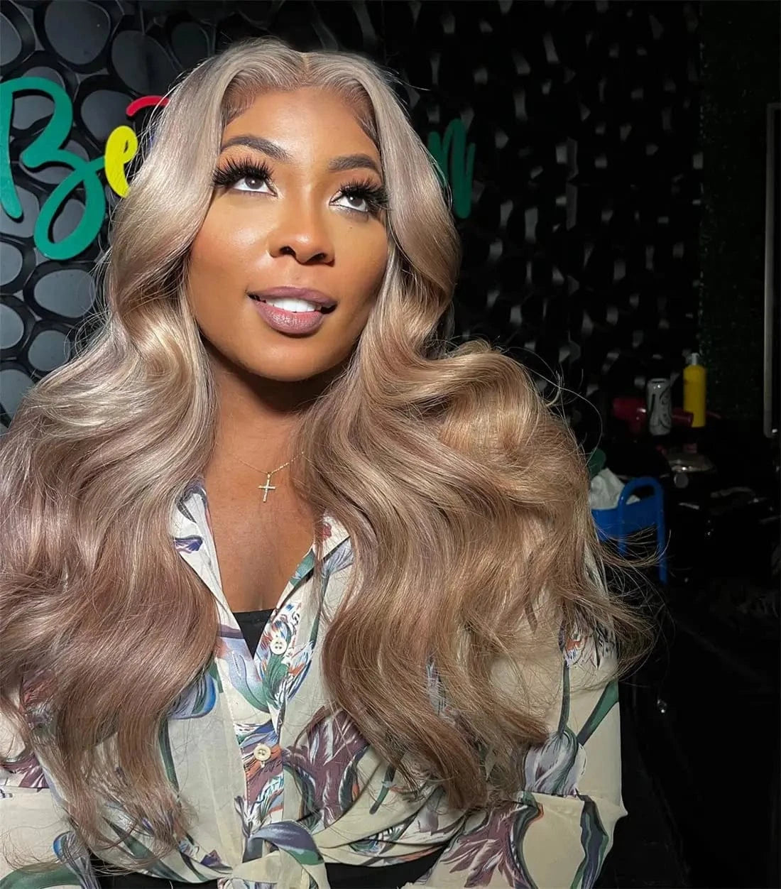 Ash Blonde with Silver Gray Highlight 180% Body Wave Mini Knots HD Invisible Milk Tea Brown Colored with Silver Blonde Wigs