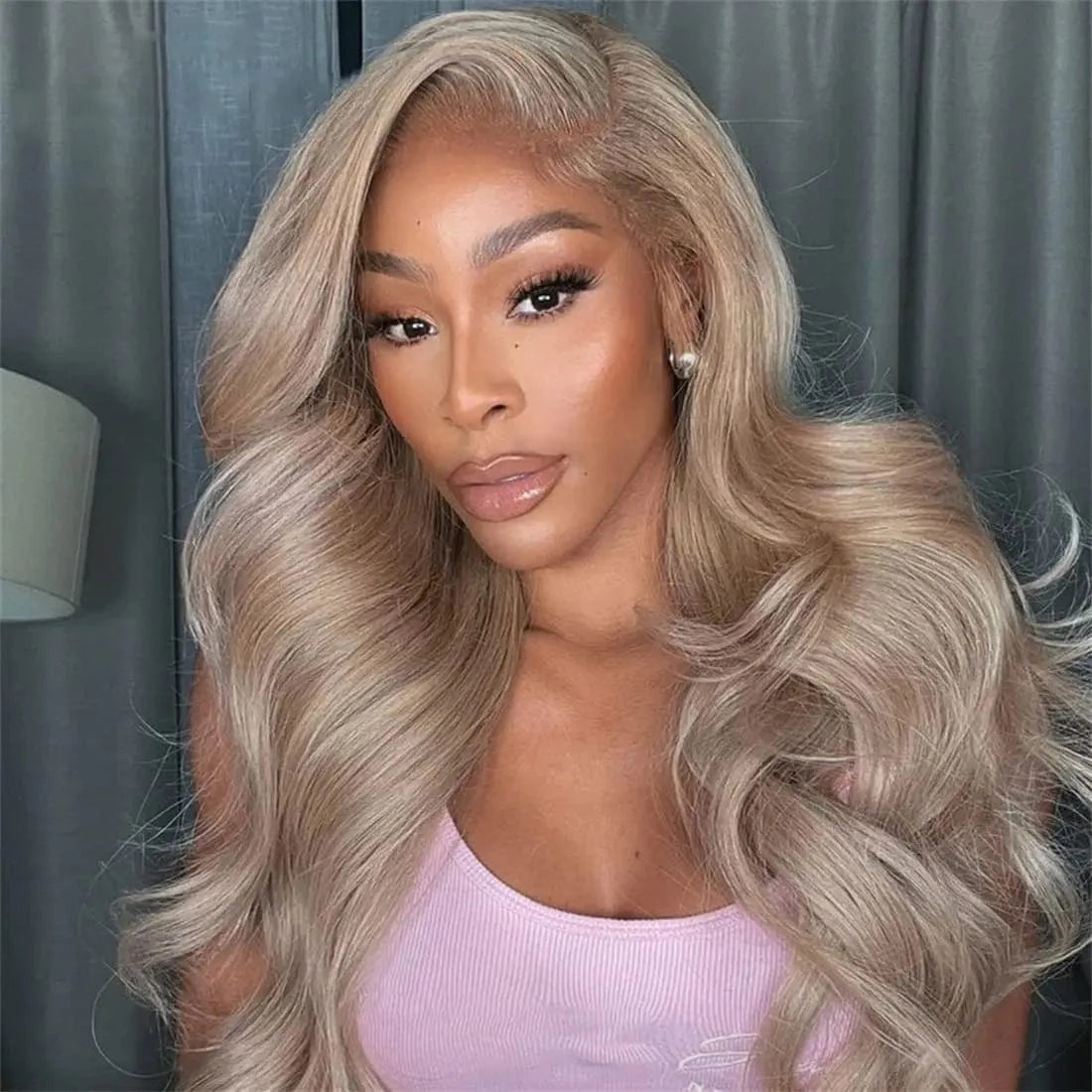 Ash Blonde with Silver Gray Highlight 180% Body Wave Mini Knots HD Invisible Milk Tea Brown Colored with Silver Blonde Wigs