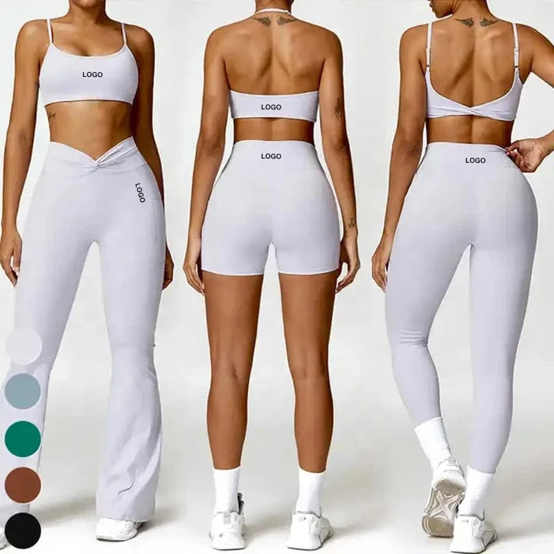 Athletic Yoga Set Fitness Gym Wear Women Activewear Bra Leggings Flared Trousers with pockets 4pcs Gym Fitness Set for Workouts