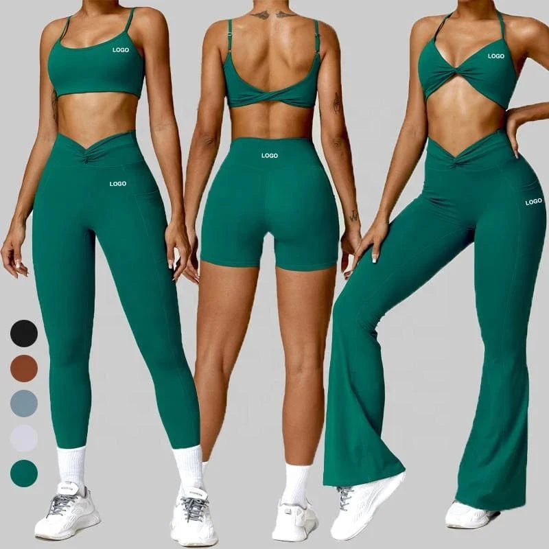 Athletic Yoga Set Fitness Gym Wear Women Activewear Bra Leggings Flared Trousers with pockets 4pcs Gym Fitness Set for Workouts