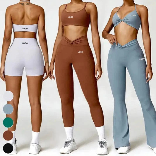 Athletic Yoga Set Fitness Gym Wear Women Activewear Bra Leggings Flared Trousers with pockets 4pcs Gym Fitness Set for Workouts