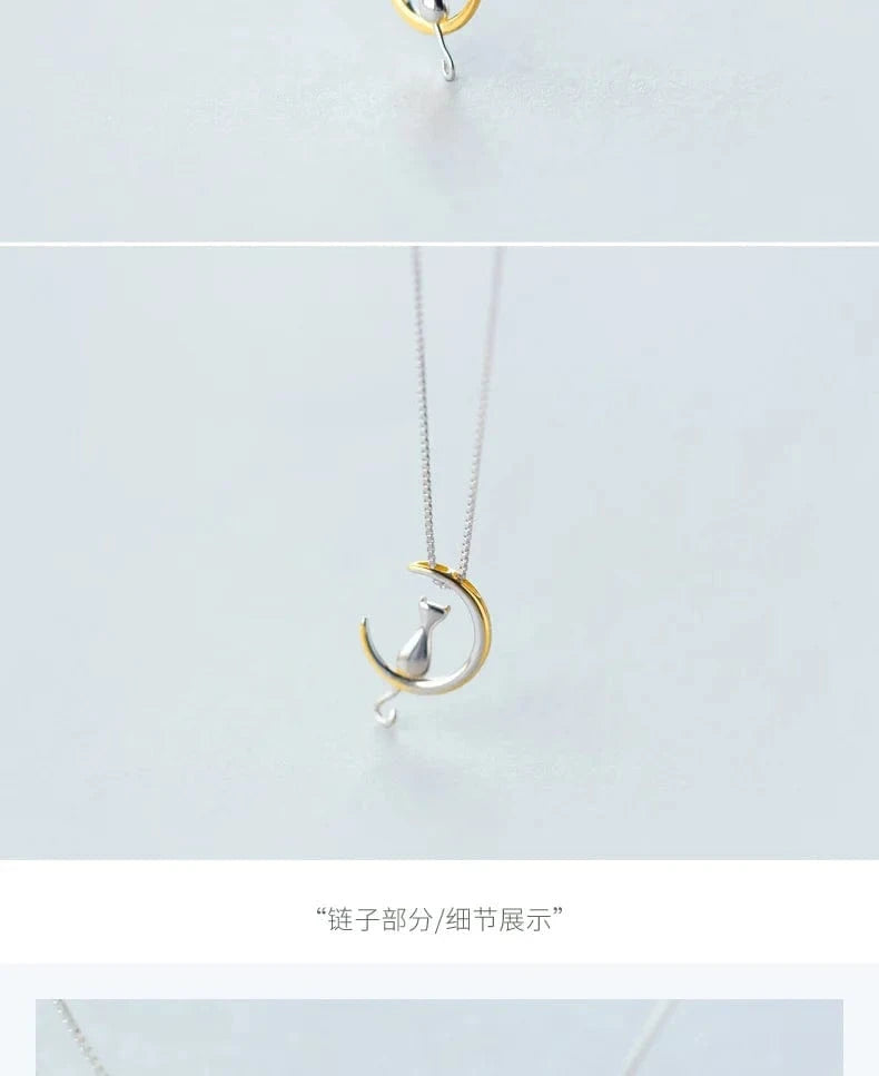 Authentic 100% 925 Sterling Silver Cat Moon Necklace Meditation Women Jewelry Silver 925 Chain & Pendant Valentine Gift
