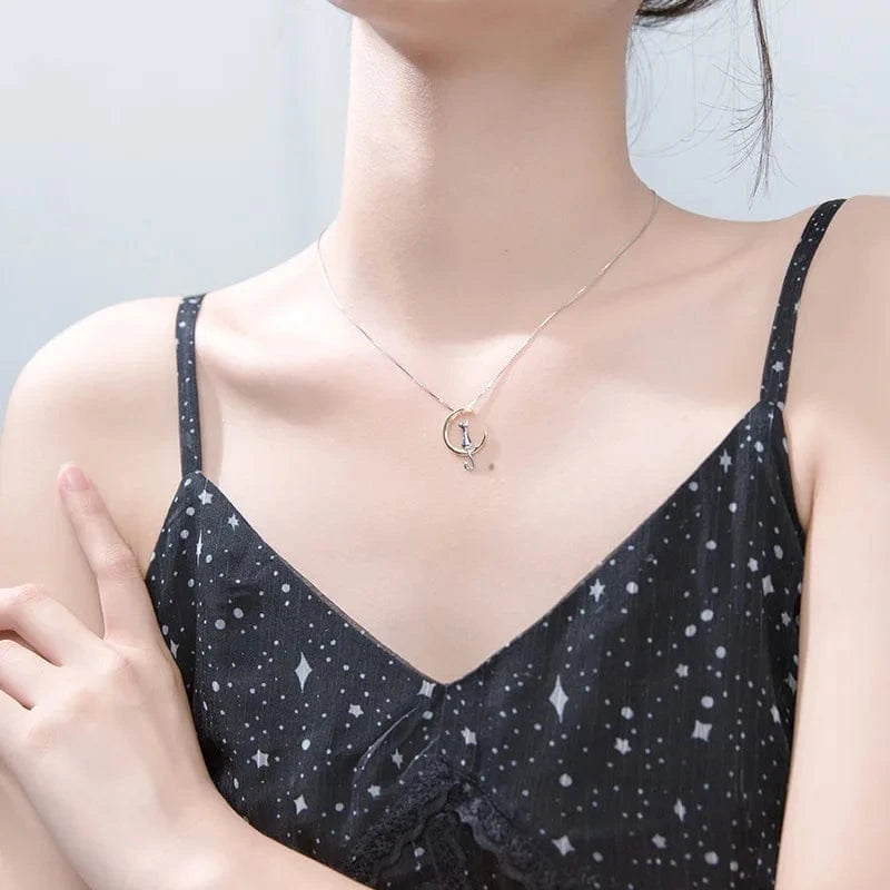 Authentic 100% 925 Sterling Silver Cat Moon Necklace Meditation Women Jewelry Silver 925 Chain & Pendant Valentine Gift