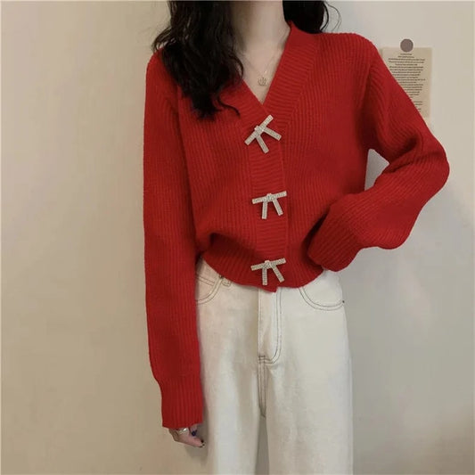 Autumn And Winter Clothing 2024 Fashion Trend Ladies French Retro Knitted Cardigan V-neck Long-sleeved Solid Color Sweater