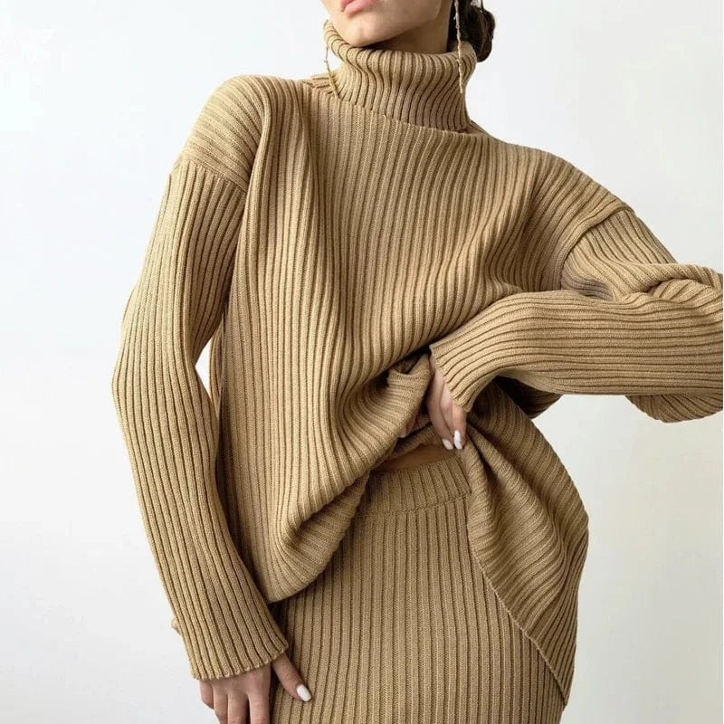 Autumn and winter fashion new lazy knitting suit ladies pit striped half-body skirt turtleneck sweater loose warm two-piece set