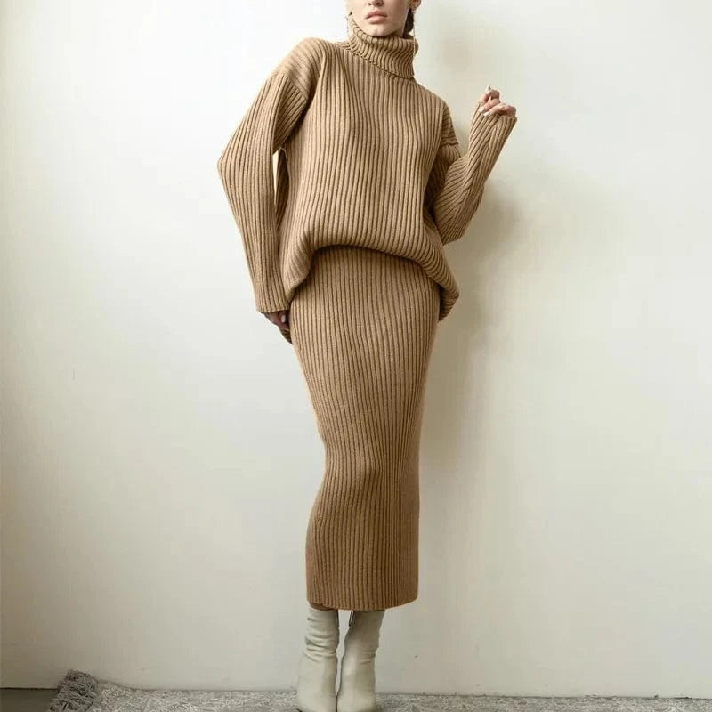 Autumn and winter fashion new lazy knitting suit ladies pit striped half-body skirt turtleneck sweater loose warm two-piece set