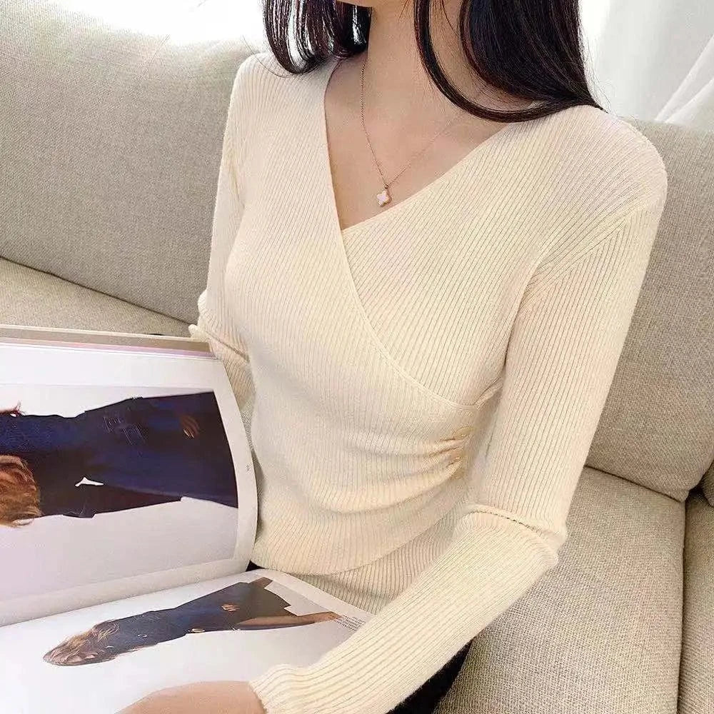 Autumn and winter new short bottomed blouse women's autumn and winter long sleeve cross V collar clothes tight foreign style custom clothing packaging