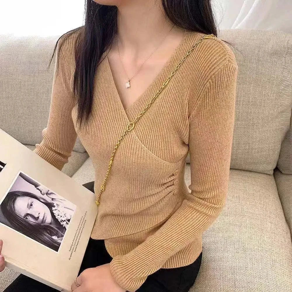 Autumn and winter new short bottomed blouse women's autumn and winter long sleeve cross V collar clothes tight foreign style custom clothing packaging