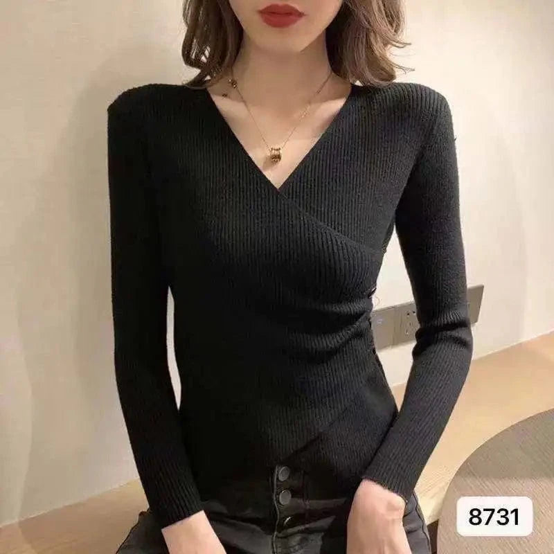 Autumn and winter new short bottomed blouse women's autumn and winter long sleeve cross V collar clothes tight foreign style custom clothing packaging