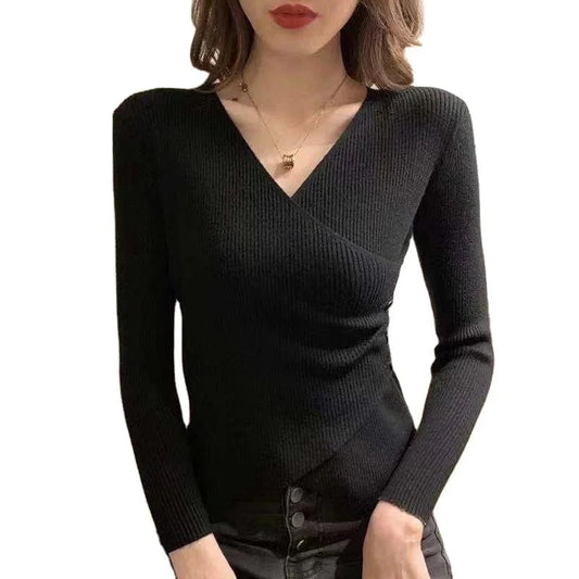 Autumn and winter new short bottomed blouse women's autumn and winter long sleeve cross V collar clothes tight foreign style custom clothing packaging
