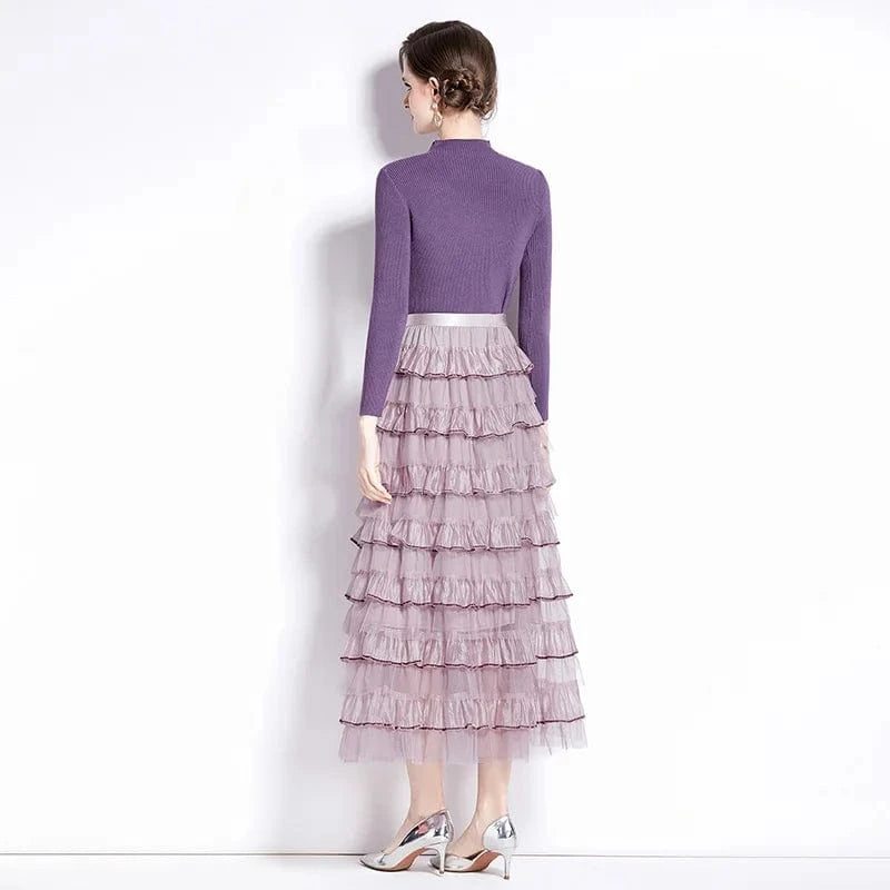 Autumn and Winter Women's New Long Sleeve Round Neck Knitted Splice Fashion Cake Slim Fit Dress Two Piece Set Dress AZ9019088