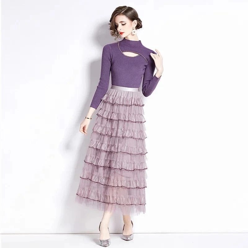 Autumn and Winter Women's New Long Sleeve Round Neck Knitted Splice Fashion Cake Slim Fit Dress Two Piece Set Dress AZ9019088
