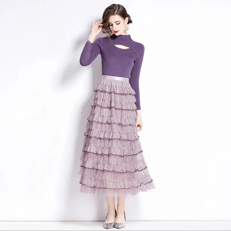 Autumn and Winter Women's New Long Sleeve Round Neck Knitted Splice Fashion Cake Slim Fit Dress Two Piece Set Dress AZ9019088