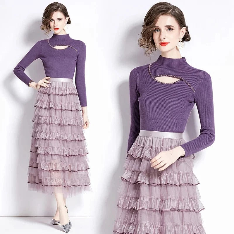 Autumn and Winter Women's New Long Sleeve Round Neck Knitted Splice Fashion Cake Slim Fit Dress Two Piece Set Dress AZ9019088