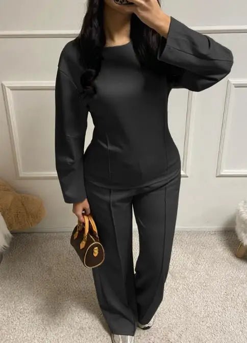 Autumn Casual Loose 2 - Piece Set of Solid Color Round Neck Pit Stripe Spliced Top and High Waisted Straight Leg Pants Set - SN Wigs & More