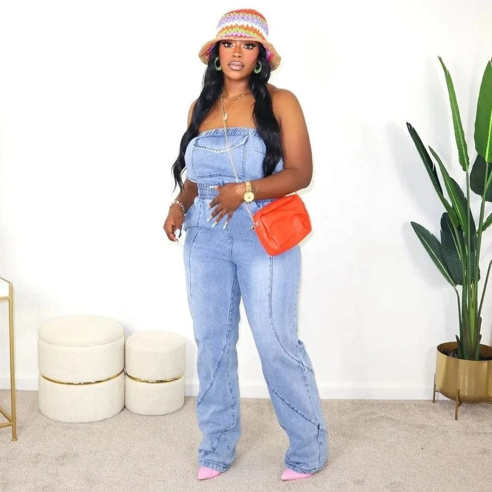 Autumn Latest Design Backless Sleeveless Denim Jumpsuits Women Casual High Elastic Waist Wide Pants Washed Jean Jumpsuit