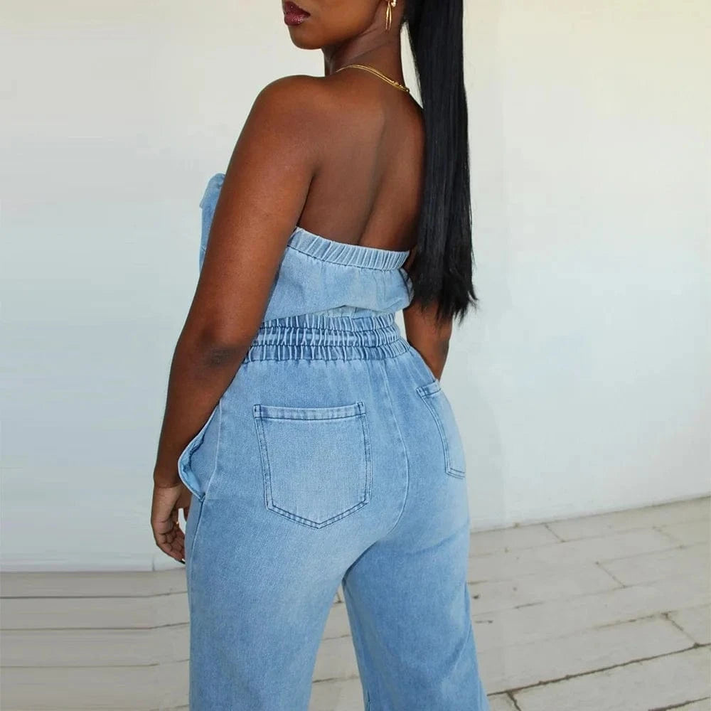Autumn Latest Design Backless Sleeveless Denim Jumpsuits Women Casual High Elastic Waist Wide Pants Washed Jean Jumpsuit