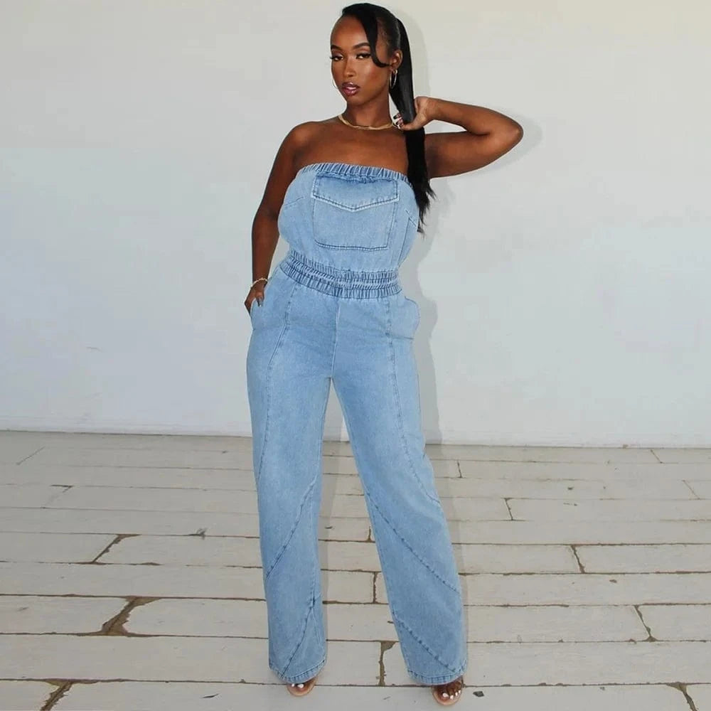 Autumn Latest Design Backless Sleeveless Denim Jumpsuits Women Casual High Elastic Waist Wide Pants Washed Jean Jumpsuit