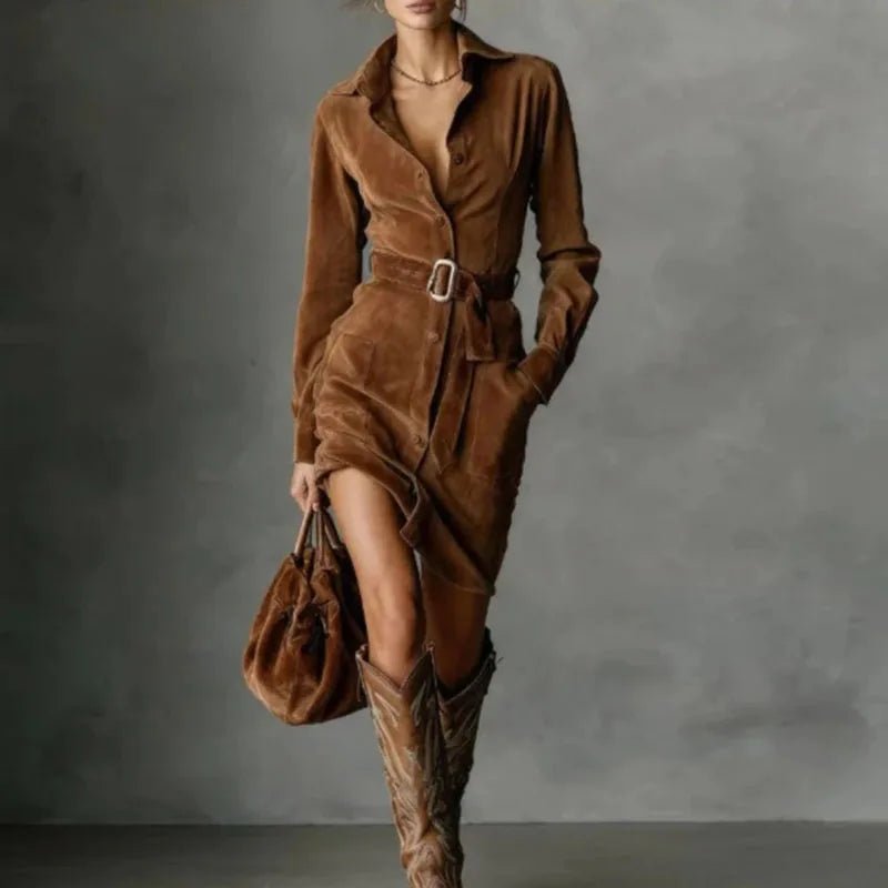 Autumn Single Breasted Lapel Shirt Dress Woman Retro Solid Suede Pocket Party Dresses Fashion Long Sleeve Sashes Slim Mini Dress - SN Wigs & More