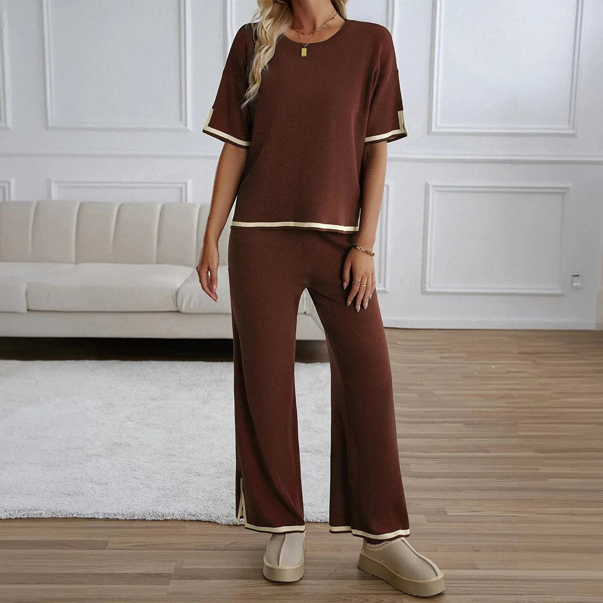 Autumn Solid Color Knitted 2pcs Set Women Casual Short Sleeve Pullover Top and Wide Leg Pants Tracksuit Set Lady Fashion Outfits