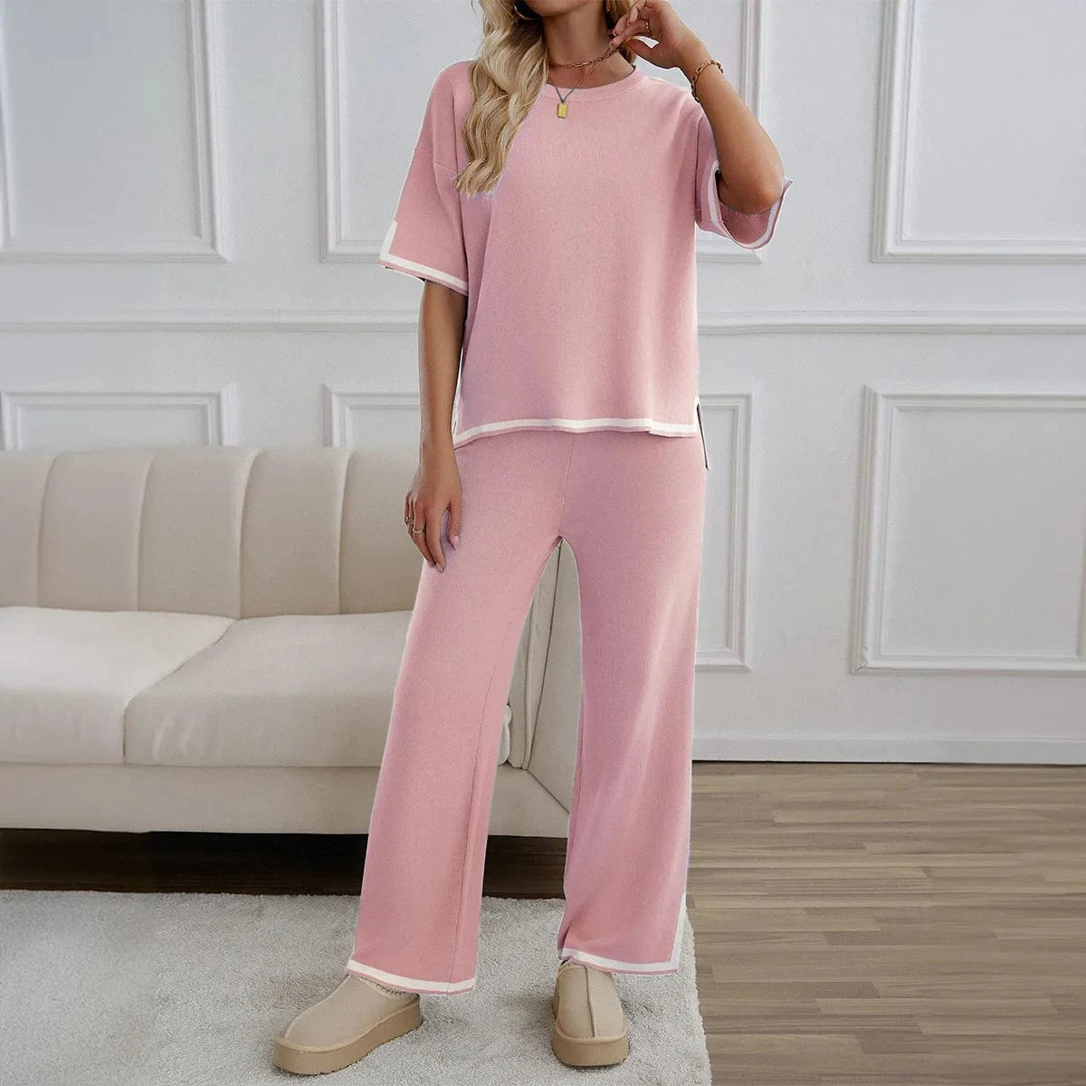 Autumn Solid Color Knitted 2pcs Set Women Casual Short Sleeve Pullover Top and Wide Leg Pants Tracksuit Set Lady Fashion Outfits