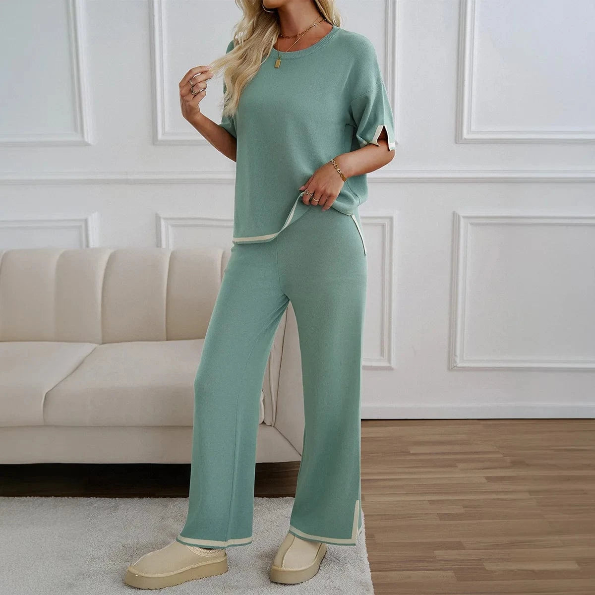 Autumn Solid Color Knitted 2pcs Set Women Casual Short Sleeve Pullover Top and Wide Leg Pants Tracksuit Set Lady Fashion Outfits