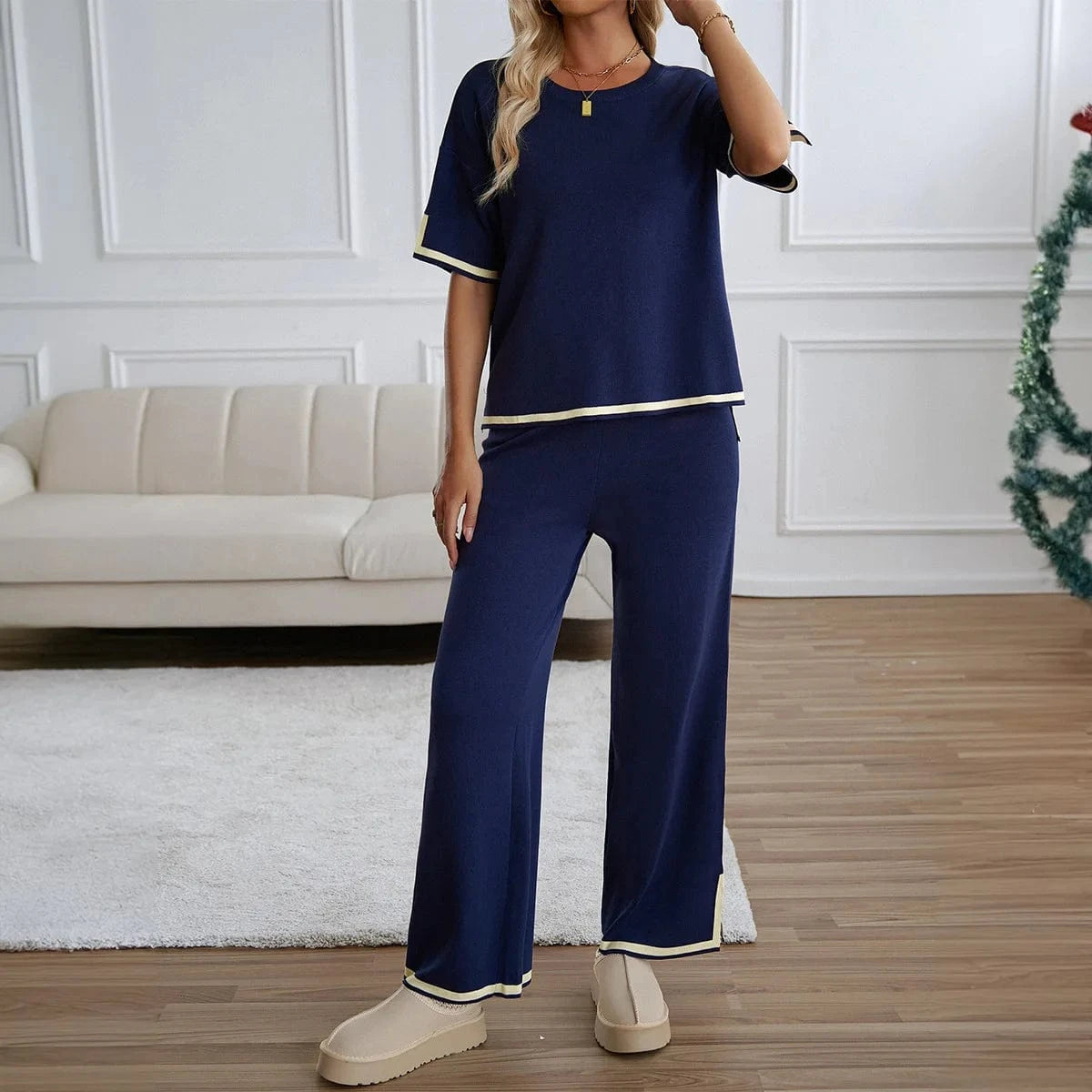 Autumn Solid Color Knitted 2pcs Set Women Casual Short Sleeve Pullover Top and Wide Leg Pants Tracksuit Set Lady Fashion Outfits