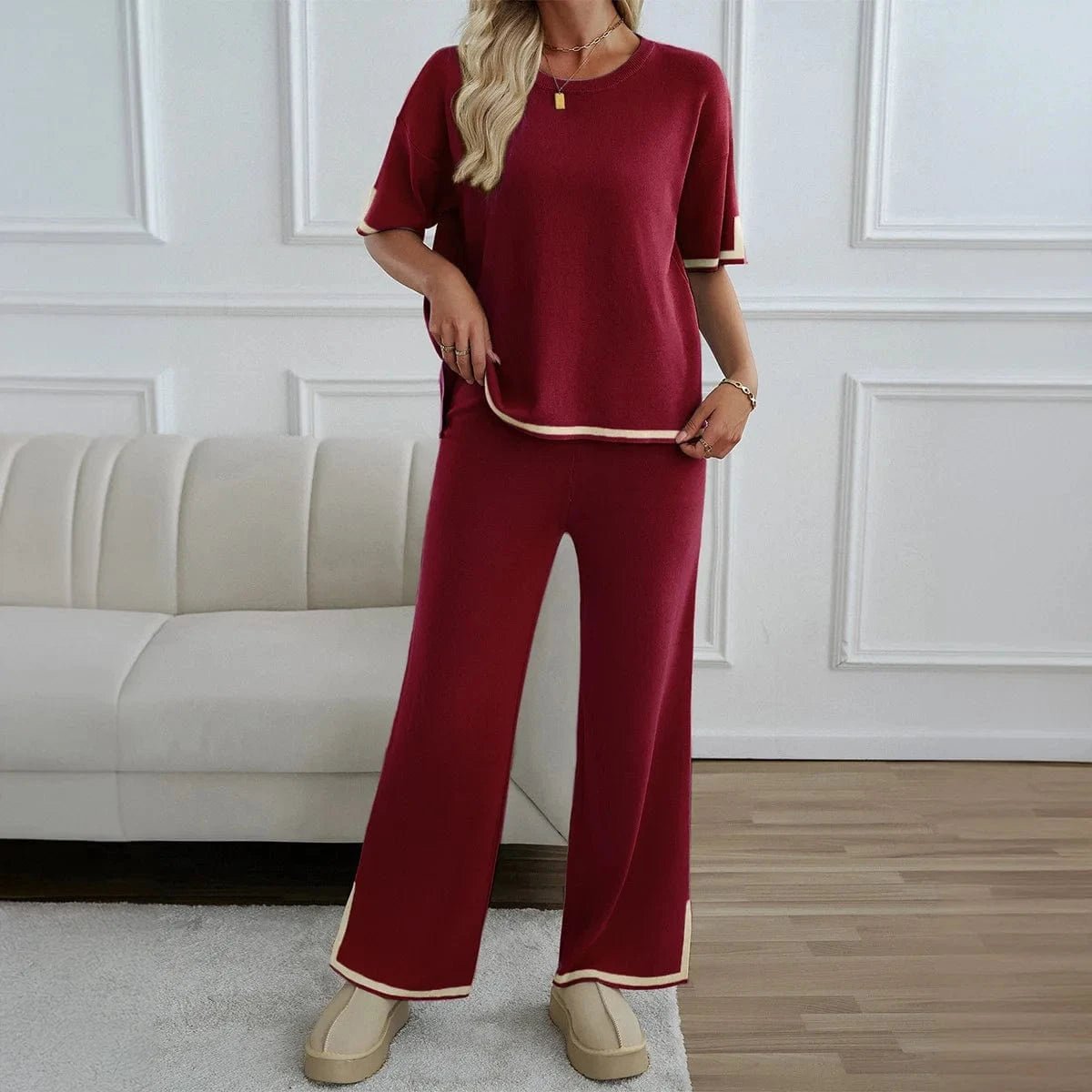 Autumn Solid Color Knitted 2pcs Set Women Casual Short Sleeve Pullover Top and Wide Leg Pants Tracksuit Set Lady Fashion Outfits