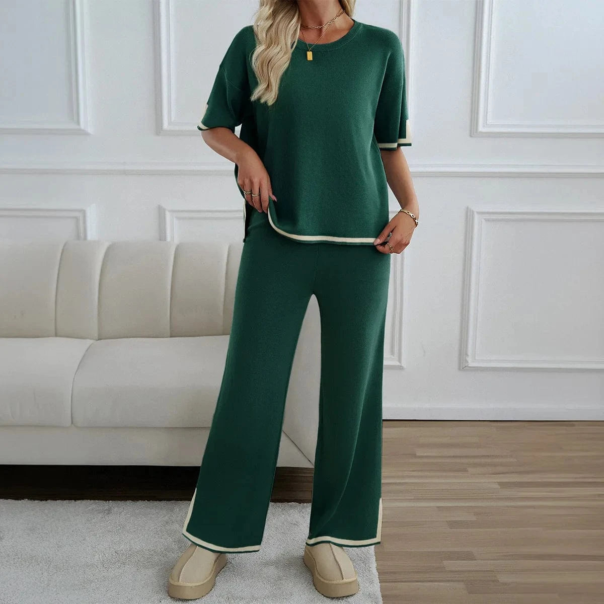 Autumn Solid Color Knitted 2pcs Set Women Casual Short Sleeve Pullover Top and Wide Leg Pants Tracksuit Set Lady Fashion Outfits