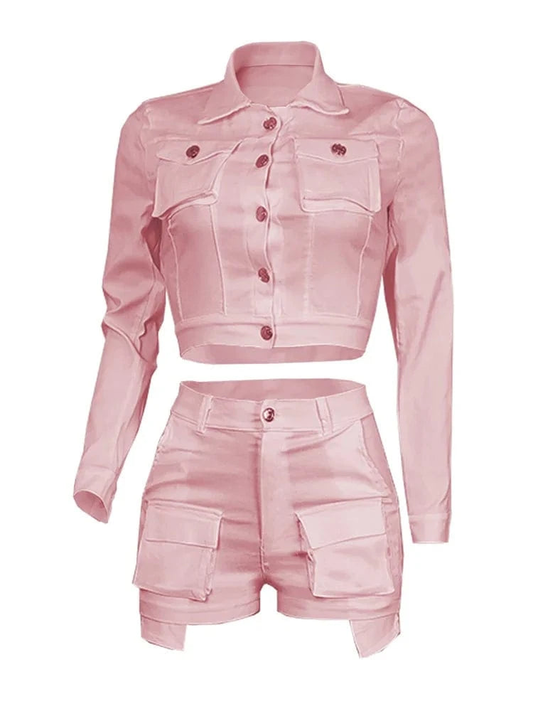 Autumn Streetwear Casual 2 Two Pieces Sets Women Outfit 2023 Long Sleeve Buttons Crop Tops Black Pink White Pockets Shorts Suits