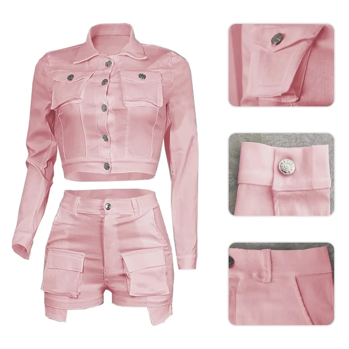 Autumn Streetwear Casual 2 Two Pieces Sets Women Outfit 2023 Long Sleeve Buttons Crop Tops Black Pink White Pockets Shorts Suits