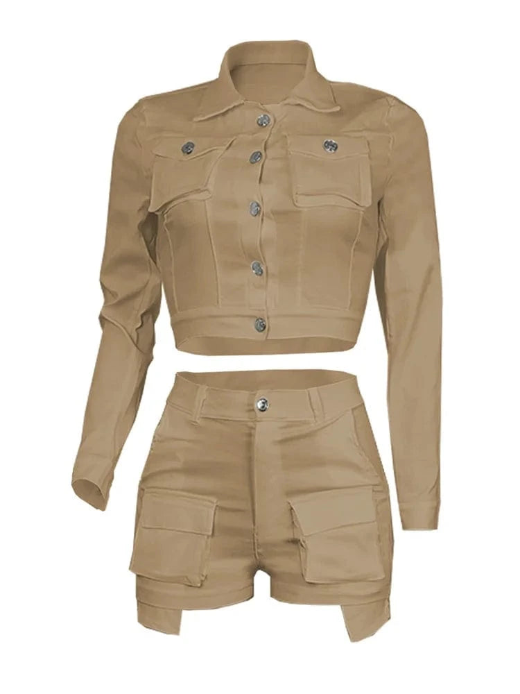 Autumn Streetwear Casual 2 Two Pieces Sets Women Outfit 2023 Long Sleeve Buttons Crop Tops Black Pink White Pockets Shorts Suits