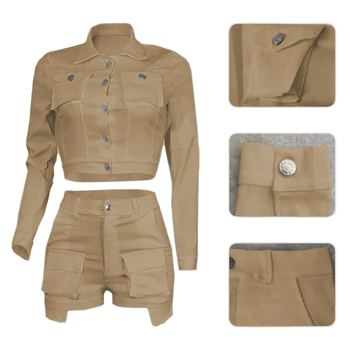 Autumn Streetwear Casual 2 Two Pieces Sets Women Outfit 2023 Long Sleeve Buttons Crop Tops Black Pink White Pockets Shorts Suits