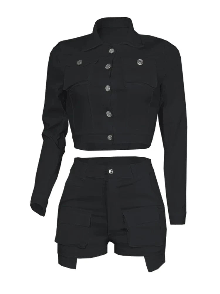 Autumn Streetwear Casual 2 Two Pieces Sets Women Outfit 2023 Long Sleeve Buttons Crop Tops Black Pink White Pockets Shorts Suits