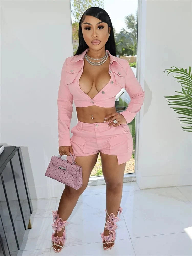 Autumn Streetwear Casual 2 Two Pieces Sets Women Outfit 2023 Long Sleeve Buttons Crop Tops Black Pink White Pockets Shorts Suits