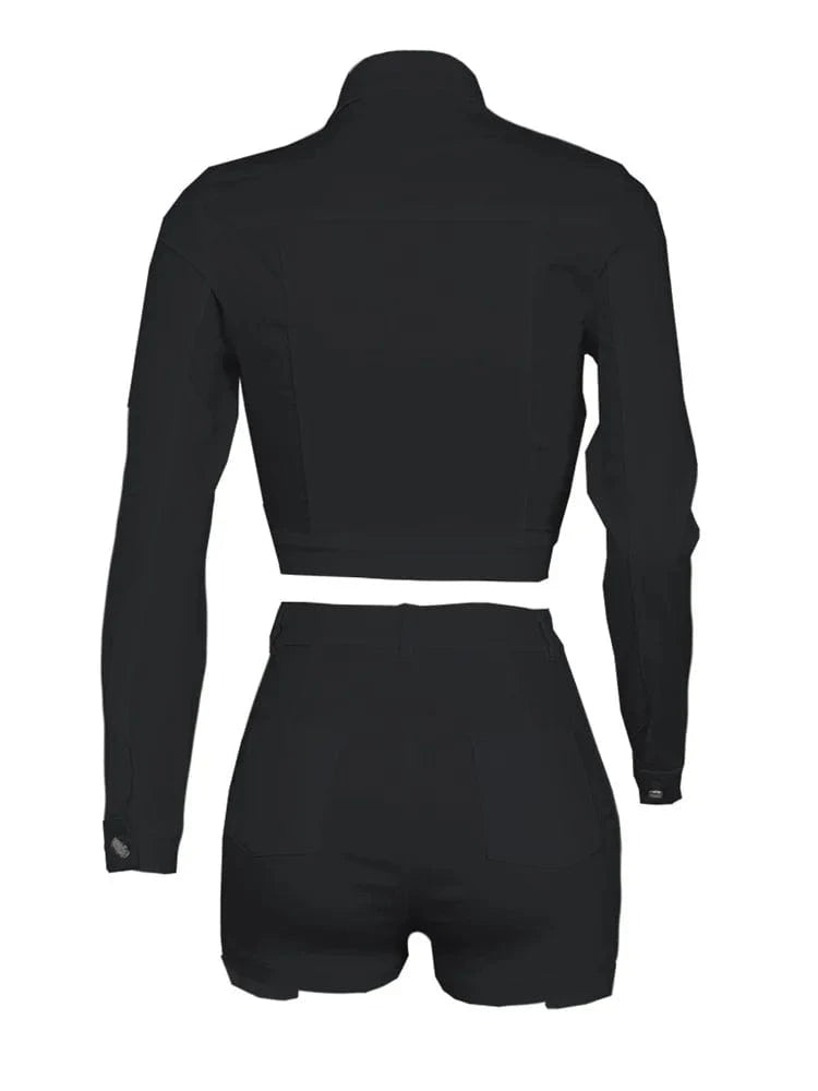 Autumn Streetwear Casual 2 Two Pieces Sets Women Outfit 2023 Long Sleeve Buttons Crop Tops Black Pink White Pockets Shorts Suits