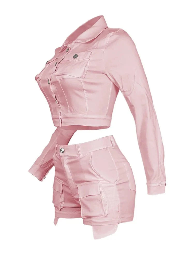 Autumn Streetwear Casual 2 Two Pieces Sets Women Outfit 2023 Long Sleeve Buttons Crop Tops Black Pink White Pockets Shorts Suits